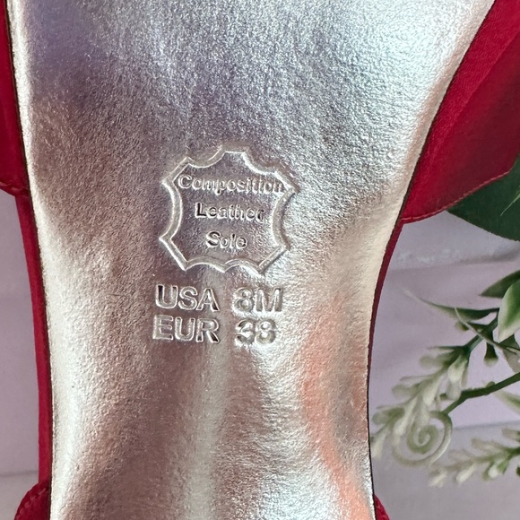 NINA ~ Red Satin 5” Heel w/Flower Accent and Silver Footbed/Sole size 8 - Picture 3 of 10